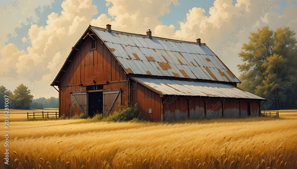 Fototapeta premium Rustic barn stands amidst golden wheat field under blue cloudy sky