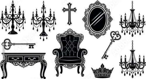 Vintage gothic furniture and luxury decor collection with chandelier mirror throne crown cross and antique key illustrations