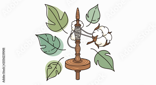 Illustration of a wooden spindle with spun yarn and cotton boll surrounded by green leaves on a white background.