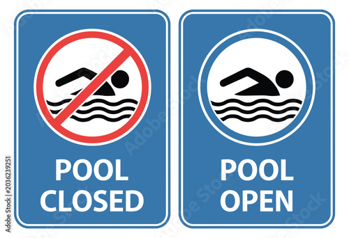 Bild auf Leinwand Swimming pool open and closed blue sign icons featuring clear status indicators for public facilities, hotel amenities, and recreational areas