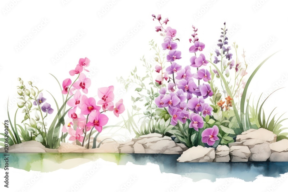 Obraz premium Minimal orchid garden landscape with shape edge in bottom border flower nature plant.