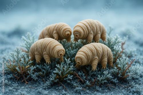 Calm tardigrade cluster sitting on frozen arctic permafrost vegetation sample. Resilient extremophile water bear microorganism survives extreme cold climate with placid quiet endurance