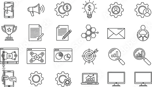 Business and analytics outline icon collection with marketing finance communication technology and management line vector symbols