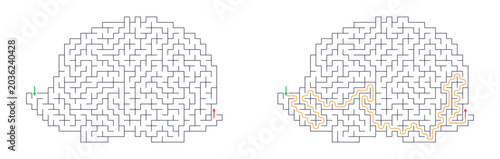 Vector maze for children with solution path. Designed in the shape of a hedgehog.