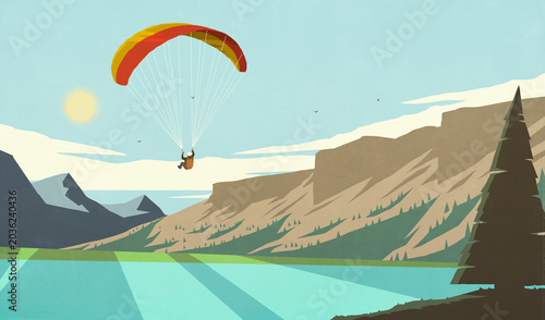 Parachuter flying over beautiful, idyllic summer mountain lake