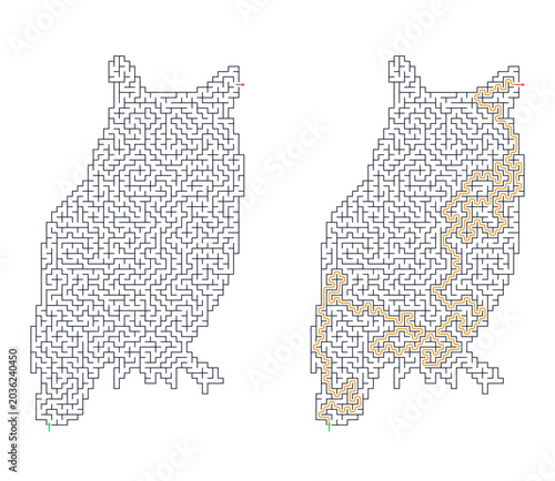 Vector maze for children in owl shape with solution path  