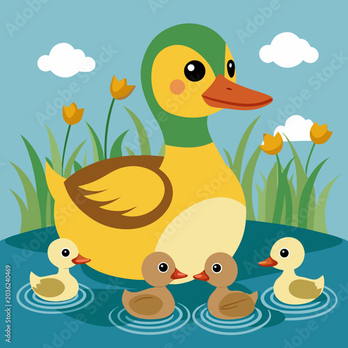 Vector illustration of Mallard duck and baby ducklings.vector

