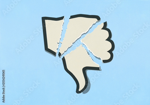 Ripped thumbs down dislike social media icon on blue background