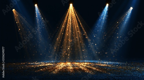 Bright golden and blue stage spotlights illuminating a dark empty floor with glittering dust particles