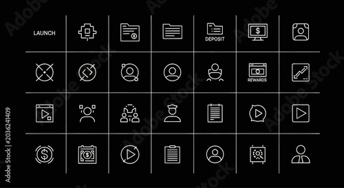 Modern Business Icons Set on Black Background - Technology, Finance, and People Concepts