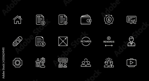 Modern Business Icons Set on Black Background - Finance, Web, and Office Symbols