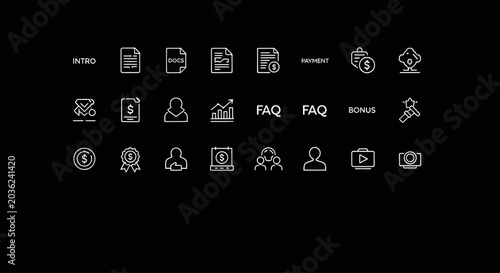 Modern Business Icons Set on Black Background - Finance, Marketing, HR, FAQ