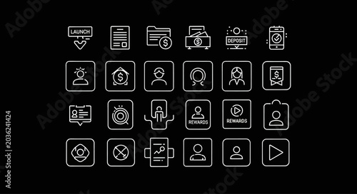 Modern Business Icons Set on Black Background - Finance, People, Strategy