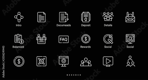 Modern Business Icons Set on Black Background - UI Design Elements