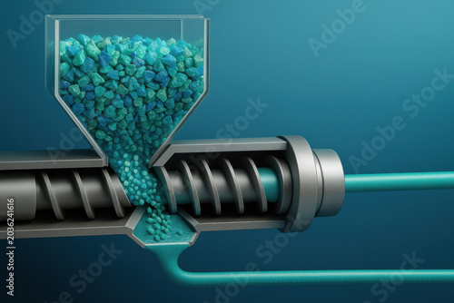 Fascinating cross section cutaway view reveals recycled ocean plastic granule extrusion into new filament. Hopeful industrial machine processing vibrant blue teal material flow for environment