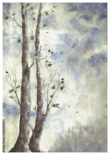 Fotografie Original watercolor of two autumn trees against misty sky, bare branches, falling leaves, birds, soft blue grey tones, melancholic nature art