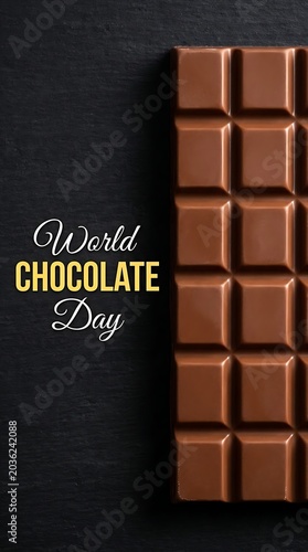 World chocolate day celebration poster featuring a large segmented milk chocolate bar