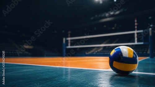 Vibrant Indoor Volleyball Court sports athletic practice game yellow ball blue lights equipment facility