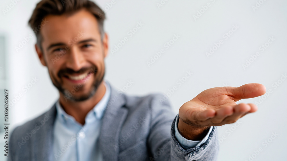 Naklejka premium Businessman or professional male model isolated on a clean white studio background, using an open-hand presentation gesture toward an empty space suitable for product placement, marketing