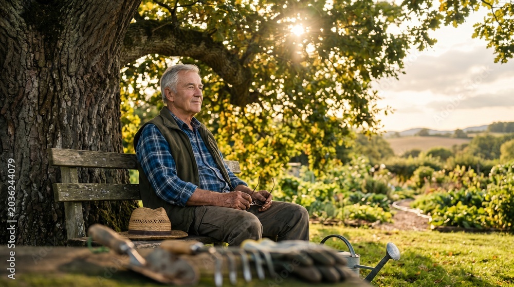 Fototapeta premium Elderly man relaxing on a bench in a garden at sunset