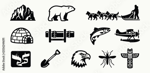Photos Alaskan culture and arctic wilderness flat vector icons for regional branding
