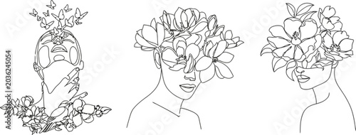 Minimalist line art women portraits with flowers and butterflies