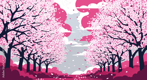 Quadro su tela A serene vector illustration of a blooming cherry blossom tunnel with a pink and