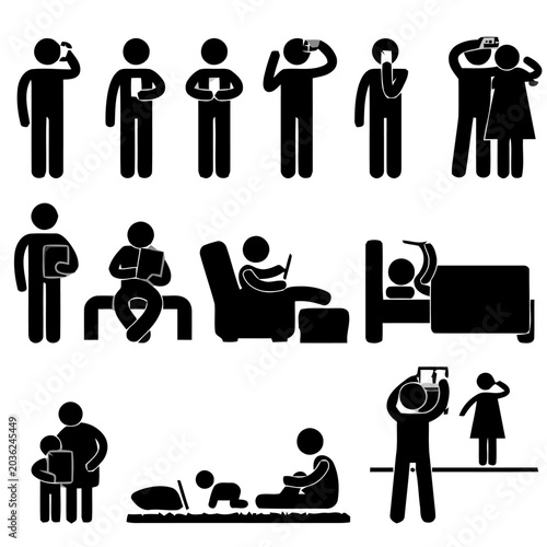 People using mobile devices and gadgets, set of black stick icons