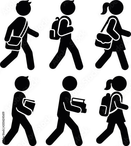stickman student walking with books icons editable vector illustration, people school children carrying backpack and notebook pictogram collection, human education symbols isolated set