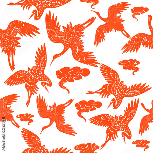 Red Japanese Crane Pattern with Clouds, Traditional Asian Style