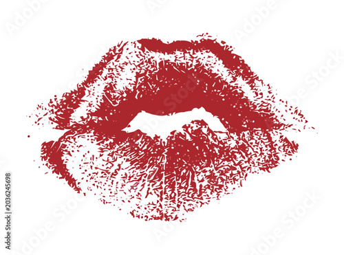 Red lipstick kiss print isolated on white background, romantic love