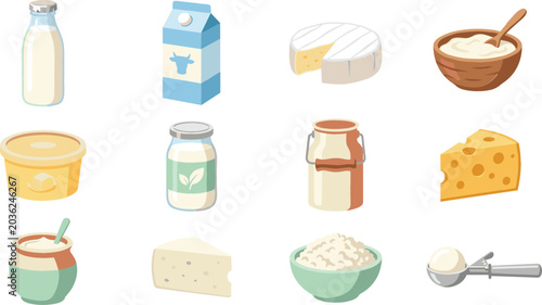 Collection of dairy food vector illustrations featuring milk, cheese, yogurt, butter, cream, cottage cheese and traditional dairy products in flat style