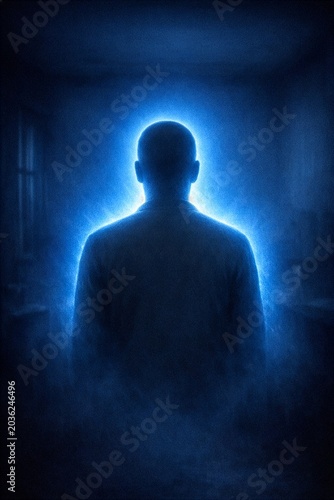 Silhouette of a Monochromatic man with glowing blue aura in the dark surreal mystic blurred atmosphere,  from back view, loneliness, mystery, uncertainty, unknown