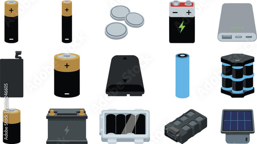 Konstfotografi Set of battery and power storage vector icons featuring rechargeable cells, ener