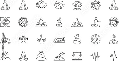 Принти на полотні Yoga meditation and spiritual wellness line icons set with lotus flower, chakras