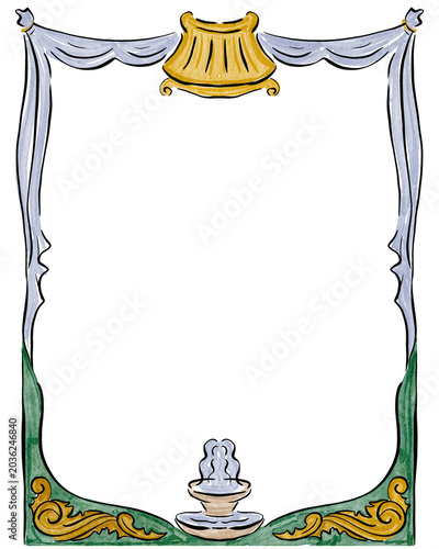 vintage frame border, ornate illustration, golden decorations, green background