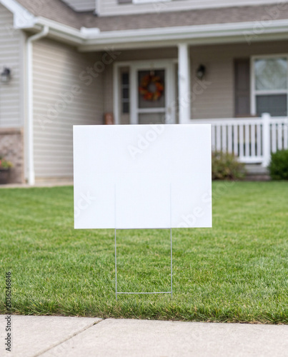 Blank yard sign mockup on front lawn of suburban house