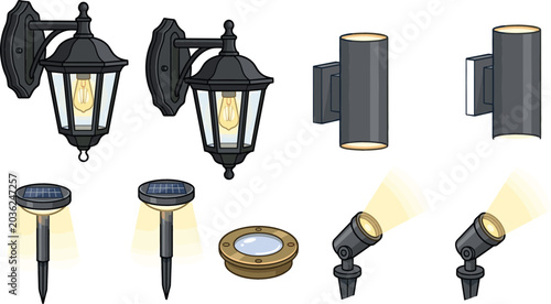 Photos Collection of outdoor wall light and garden lamp vector illustrations featuring
