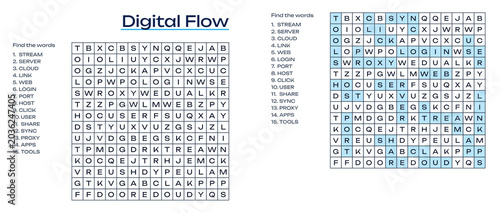 Digital flow word search puzzle with highlighted answers  