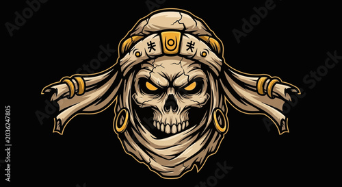 Bild auf Leinwand Scary Desert Mummy Skull Warrior with Egyptian Headdress, Dark Background