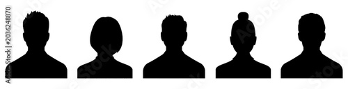 Set of five diverse human head silhouettes, profile avatars for UI design