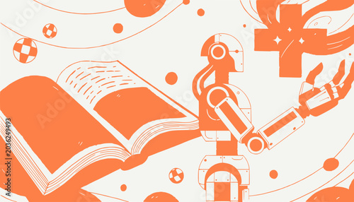 Robot with Open Book and Abstract Shapes, AI Learning Concept
