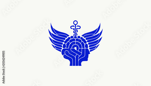 Blue Angelic Winged Head Silhouette with Caduceus Symbol