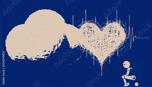 Robot with Heartbeat and Cloud Icon on Blue Background