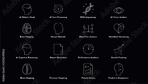 AI Technology Icons: Brain, DNA, Heartbeat, Vision, Data Analysis, Growth