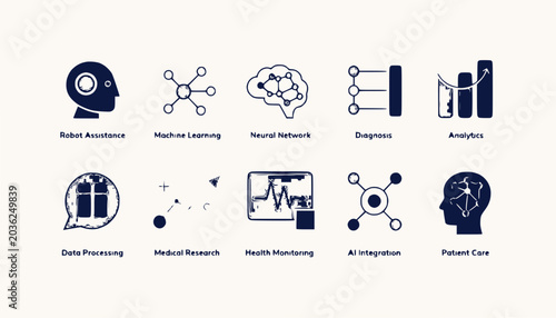 AI and Technology Icons: Healthcare, Data, and Innovation Collection