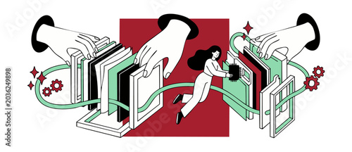 Bild auf Leinwand Data organization file folder management illustration of woman sorting digital databases with giant hands, optimizing tech business workflow asset storage systems in clean, minimalist vector graphics