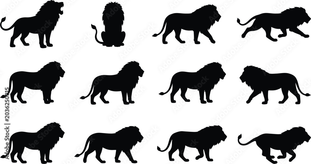 Obraz premium Collection of Silhouetted Lions in Various Poses and Actions