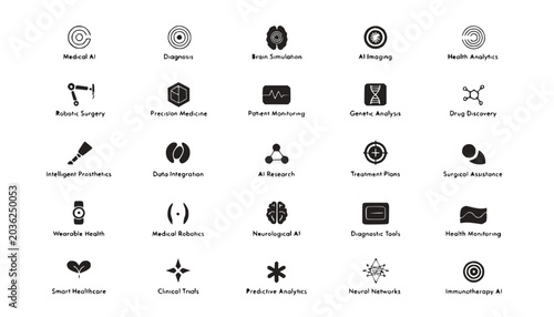 Healthcare Technology Icons: AI, Robotics, Diagnostics, and Research
