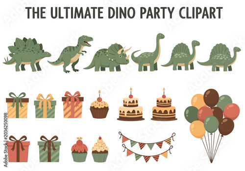 A set of illustrated dinosaur and partythemed clipart including creatures gifts cakes and balloons